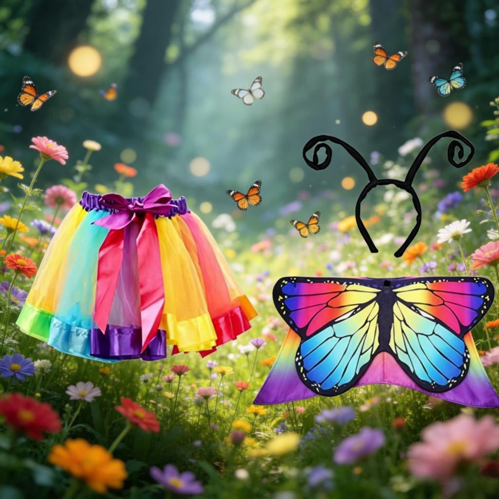 Butterfly Wings Set, 3-Piece Butterfly Costume With Wings, Antenna Headband, And Colorful Tulle Skirt—A Magical Outfit For Cosplay, Carnival, And Halloween Party Accessories Set