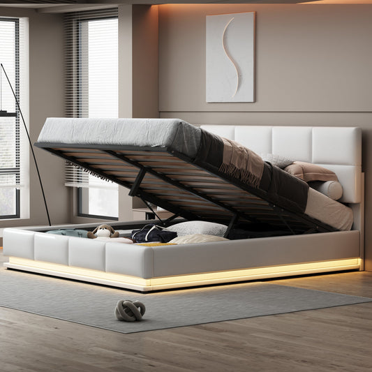 Upholstered Bed 180x200 Cm With LED Lighting & Hydraulically Liftable Bed Storage Space, Bed Storage & Slatted Frame Cover Made Of  Leather Double Bed  Youth Bed White
