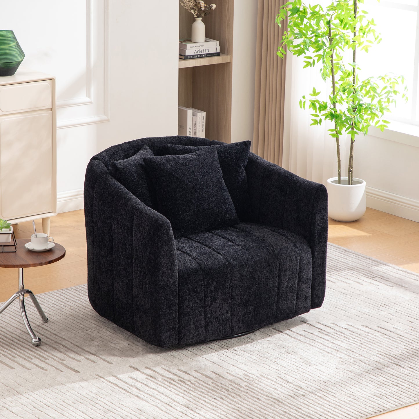 39 W Upholstered Oversized 360 Swivel Accent Barrel Chair And Half Cozy Sofa With 3 Pillows, Channel Tufted Pumpkin-Shape Club Armchair For Living Room, Bedroom, Office, Lounge, Chenille Black