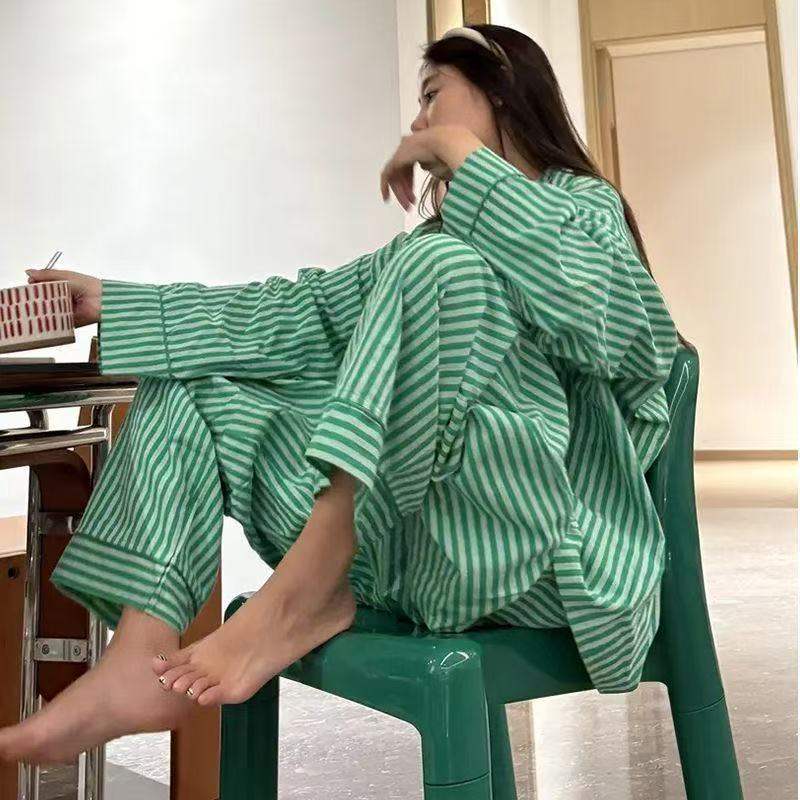 Striped Long-sleeved Pajamas Women's Long-pants Set For Home Use