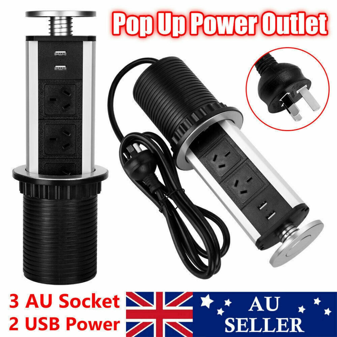 Pop Up Power Point 3 Socket Plug   2 USB Table Home Kitchen Desk Outlet