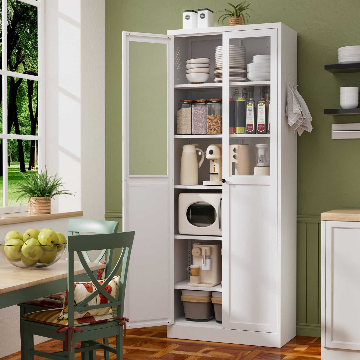 72  Metal Kitchen Pantry Cabinet With Doors & Shelves, Tall Heavy-Duty Adjustable Storage Organizer, Tool-Free Assembly Freestanding Cabinet For Living Room, Bathroom, White