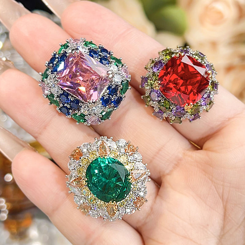 Niche Design Open Band Ring For Women, Pastel Color Series Simulated Crystal Finger Jewelry With Blush, Scarlet & Emerald Tone Stones, European American Style Accessories