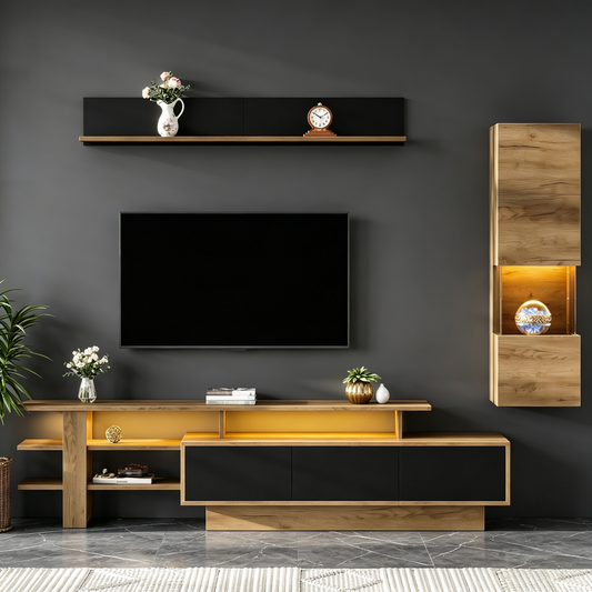 TV Wall Unit Set 3-Piece LED Lighting Living Room Furniture Set Frontal Wall Unit 1 X TV Cabinet, 1 X Living Room Display Cabinet, 1 X Hanging Shelf, TV Up To 80,Black  Natural Wood Color,TV Cabinet