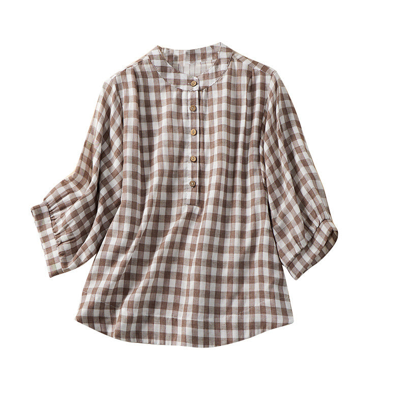 Summer Japanese-Korean Style New Thin Blue-and-white Small-check Shirt