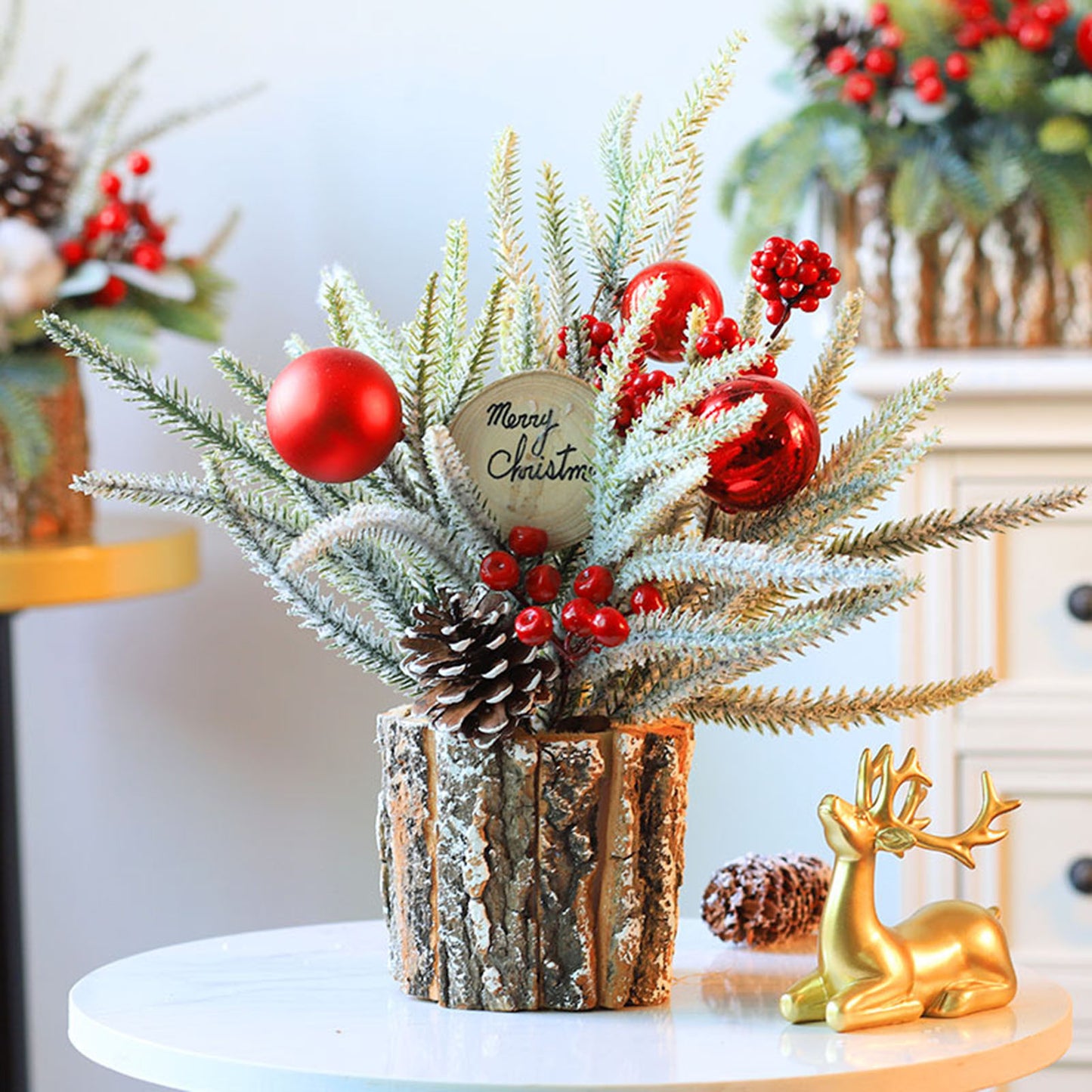 35cm Tabletop Xmas Tree Bark Wooden Barrel Decoration Artificial Bouquet Ornament For Home Hotel Office Wood Sign