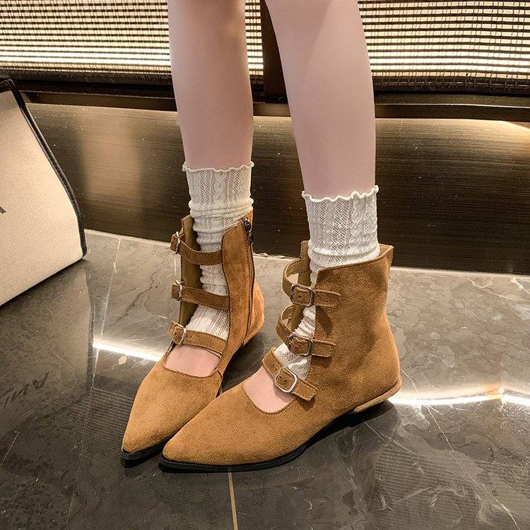 2026 Summer New Height Boost Women Pointed Toe Three Buckle One Strap Cutout Western Ankle Sandal Boots, Fashion Trendy Leather Boots