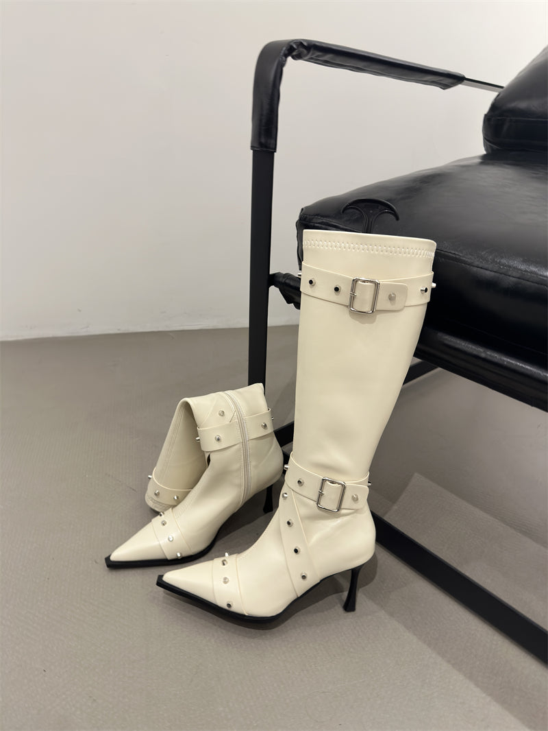 Women's Pointed Toe High Heel Knee-High Knight Boots, 2026 New Autumn Winter Slim Fit Boots, Vintage Studded Boots With Belt Buckle