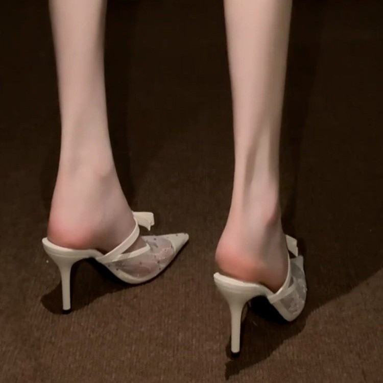 Women's Closed Toe Sandals, 2026 New Mesh Rhinestone Single Strap Bow Sandals, Elegant Comfortable High Heels