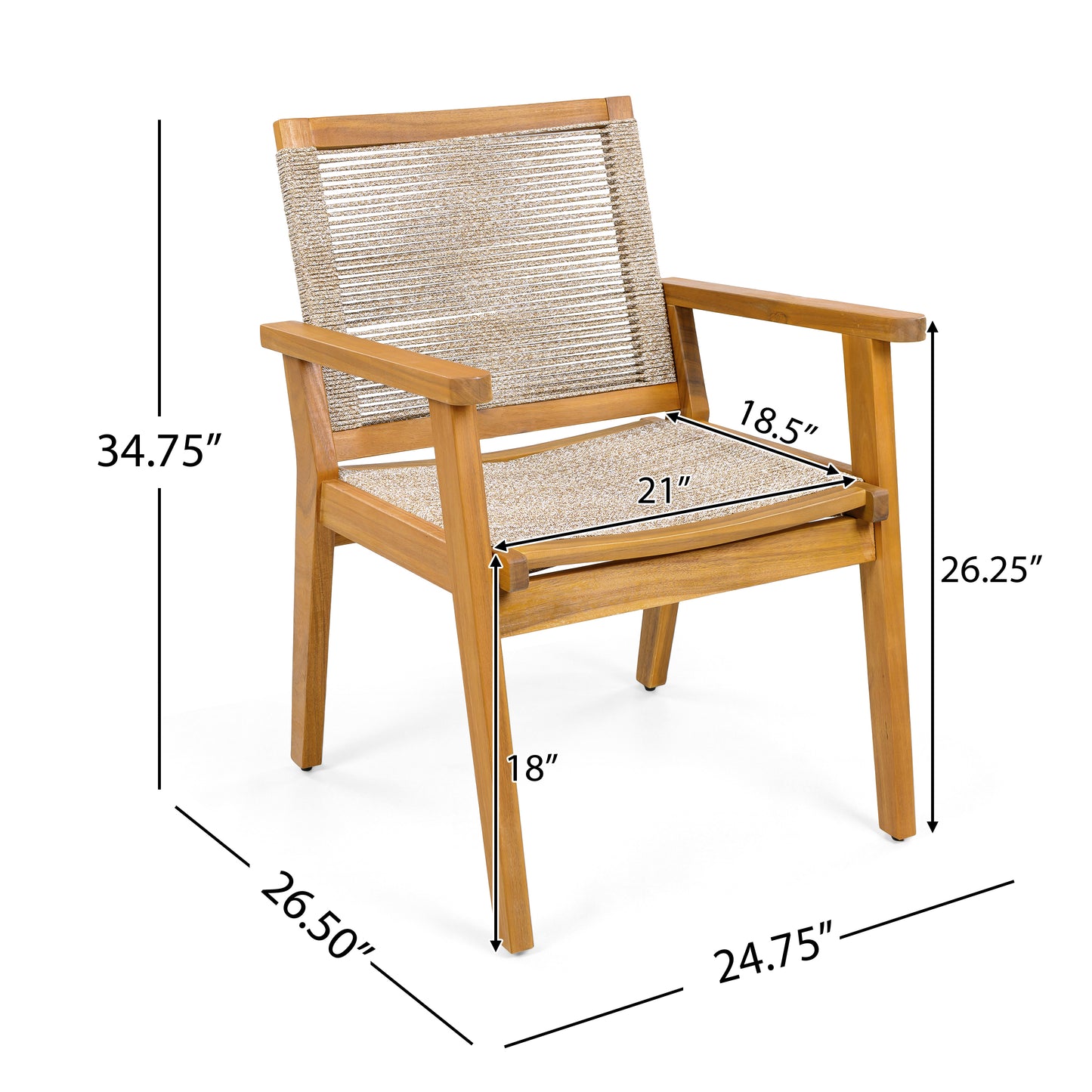Outdoor Dining Chairs Set Of 2, Teak Finish Wood Frame And Mix Brown Rope, Natural Courtyard Style, 400lbs Capacity