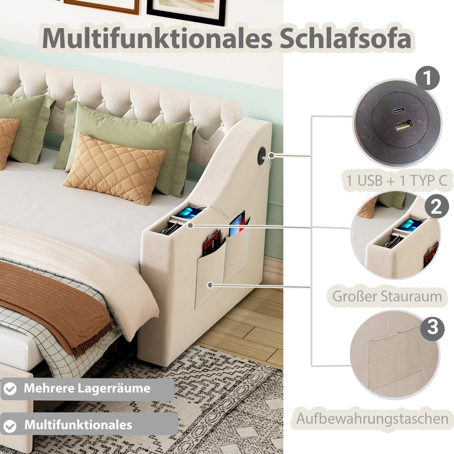 Upholstered Bed Sofa Bed, 90 180x190 Cm, Wider And Thicker Armrests With USB Charging Port, Integrated Shelf In The Armrests, With Storage Pockets, With Slatted Base, Velvet Fabric, Beige