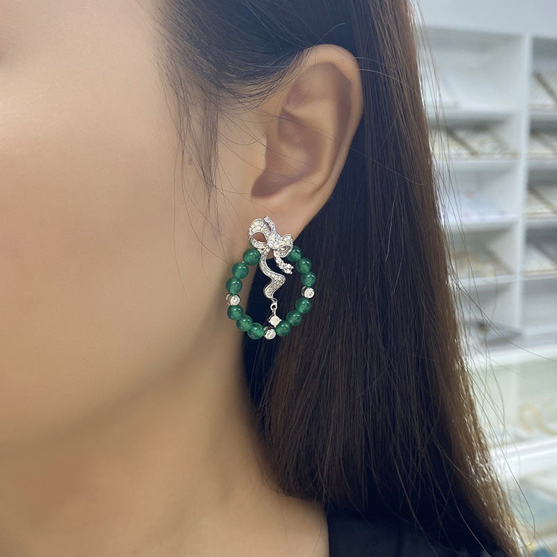S925 Sterling Silver Bow Hoop Earrings, Round Green Chrysoprase Beaded Dangle Earrings, Platinum Plated 6.4g Elegant Jewelry Gift For Women With Box