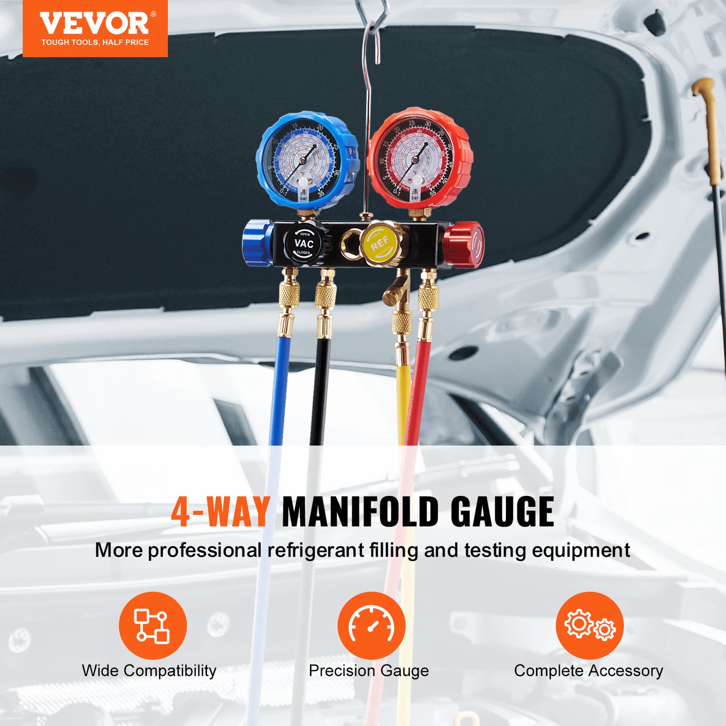 4 Way AC Gauge - AC Manifold Gauge Set For R134A R22 R12 R410A Refrigerant, Freon Gauges With 5ft Hoses, Couplers, Can Tap Works On Car Auto Freon Charging And Evacuation
