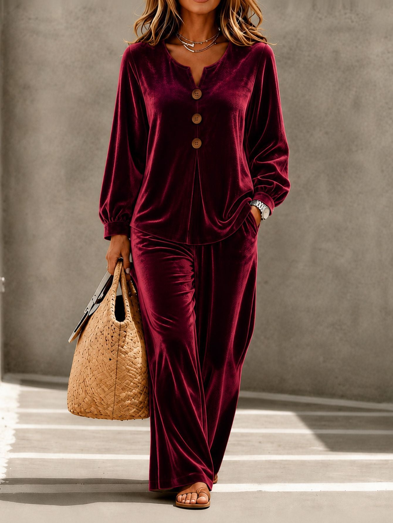 Womens New Velvet Casual Two-piece Set Featuring A V-neck Long-sleeve Top With Buttons And Matching Trousers