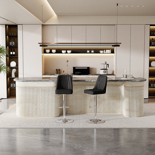 Height-adjustable Bar Stool In Set Of 2, 360 Swivel, Backrest With Black PU Leather And Quilted Pattern, Legs Made Of Silver Metal. Suitable For Kitchen Islands And Bar Counters.