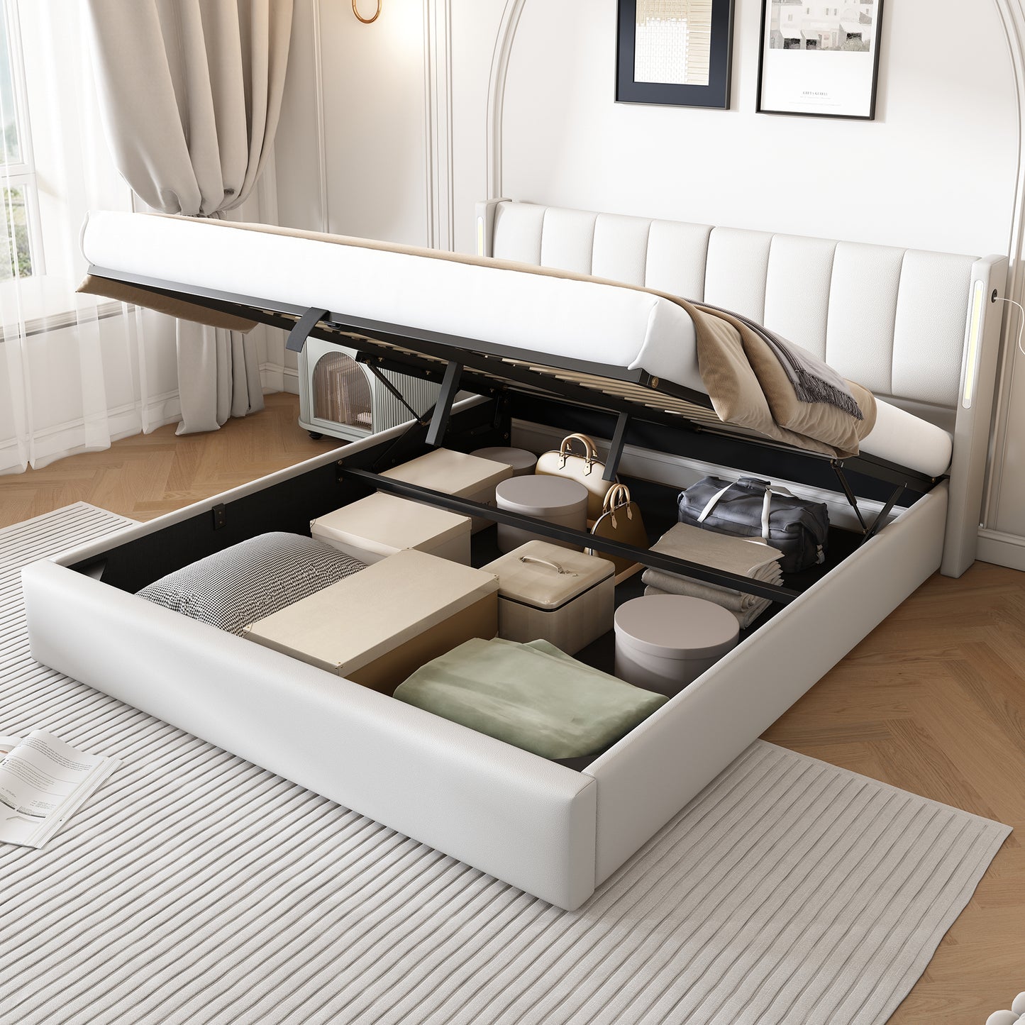 Binaural LED Upholstered Bed 180 X 200 Cm, Hydraulic Bed, Rechargeable USB Port In Bed, With LED Lighting, With Storage, Adjustable Headboard, PU Pebble, White