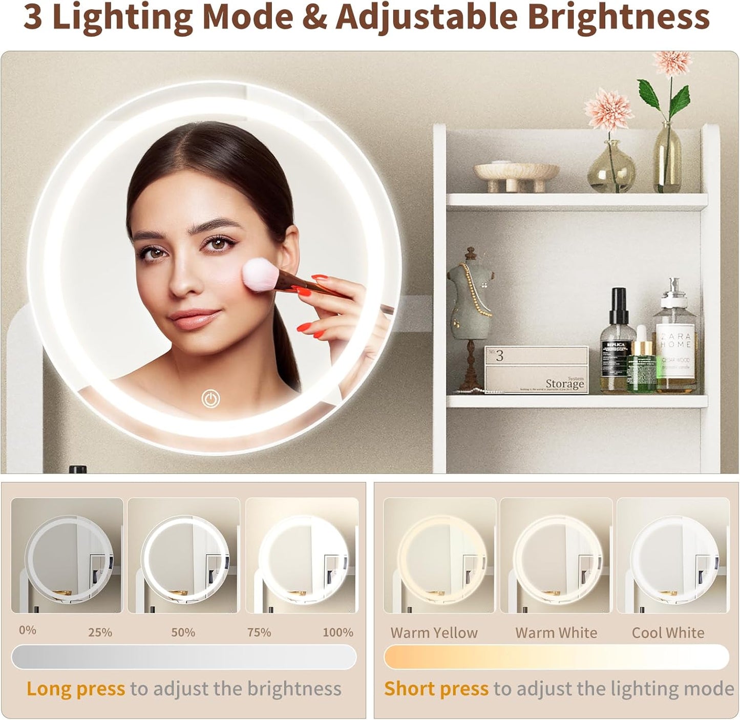 Small Vanity Desk With Mirror And Lights, Makeup Vanity Table With LED Mirror, 3 Lighting Modes, Power Outlet, Drawer, Open Shelves And Cushioned Stool For Bedroom  White