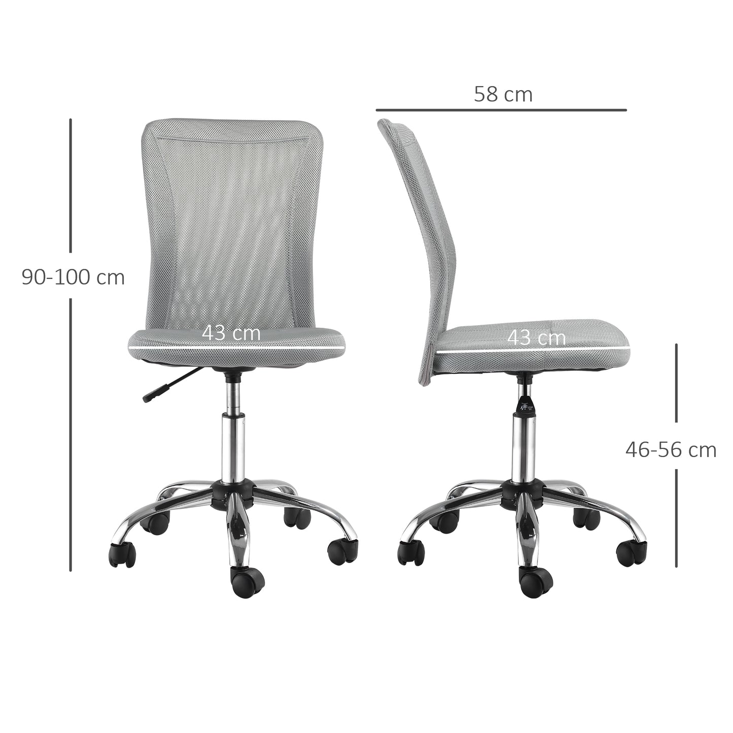 Vinsetto Office Chair, Armless Desk Chair, Adjustable Computer Swivel Chair With Rolling Wheels And Mesh Back For Home Work Study, Grey