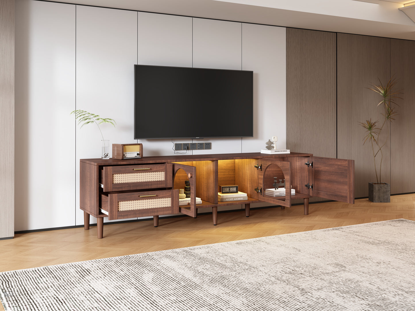 180cm Brown TV Cabinet For 80 TV  With 2 Rattan Drawers, 2 Arched Glass Doors And 1 Rattan Door, LED Lighting, Provides Stylish Storage, TV Board