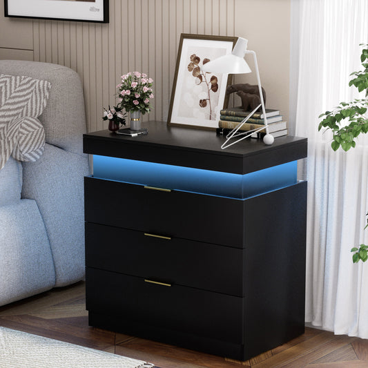 Nightstand With Charging Station And LED Lights,Night Stand With Sliding Top For Bedroom,Bedside Table With Drawers,Modern End Side Table,Black.28.8 W X 17 D X 30.5 H.