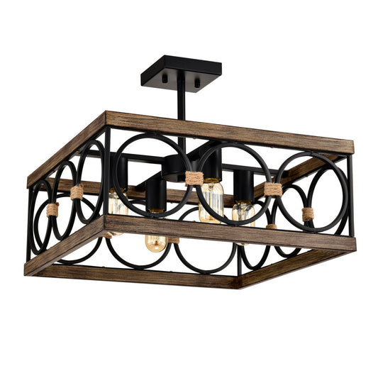 4-Light Square Kitchen Island Lights Ceiling Light Farmhouse Dining Room Light Fixture, Wood And Black Metal Rectangular Ceiling Light, Ceiling Lighting For Living Room,Conference Room, Home Office