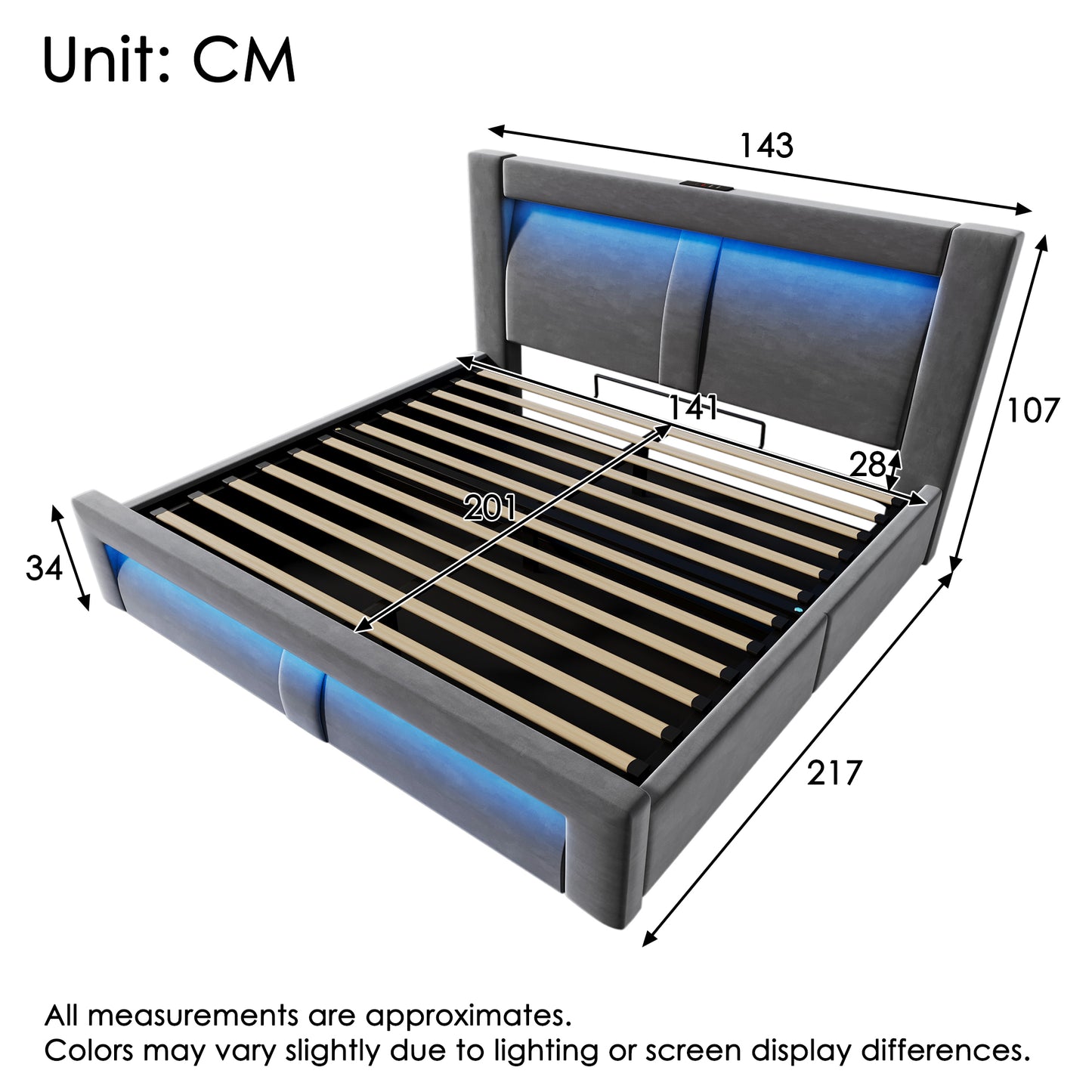 Double Bed 140x200 Cm With Storage Space, Hydraulic Bed, LED Lighting With App Control, USB & Type-C Charging Ports, Velvet, Headboard With Curved Design, Grey, Without Mattress