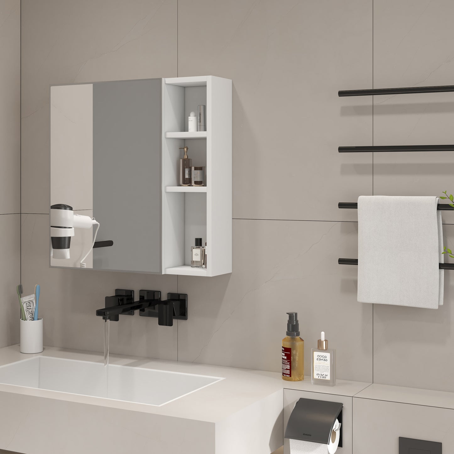 Simple Wall Mirror Cabinet 55 X56cm Wall Mounted, White HDF Board  Safety Mirror Glass Door, Divided Storage  Thickened HD Mirror, Great For Bathroom Makeup Room.