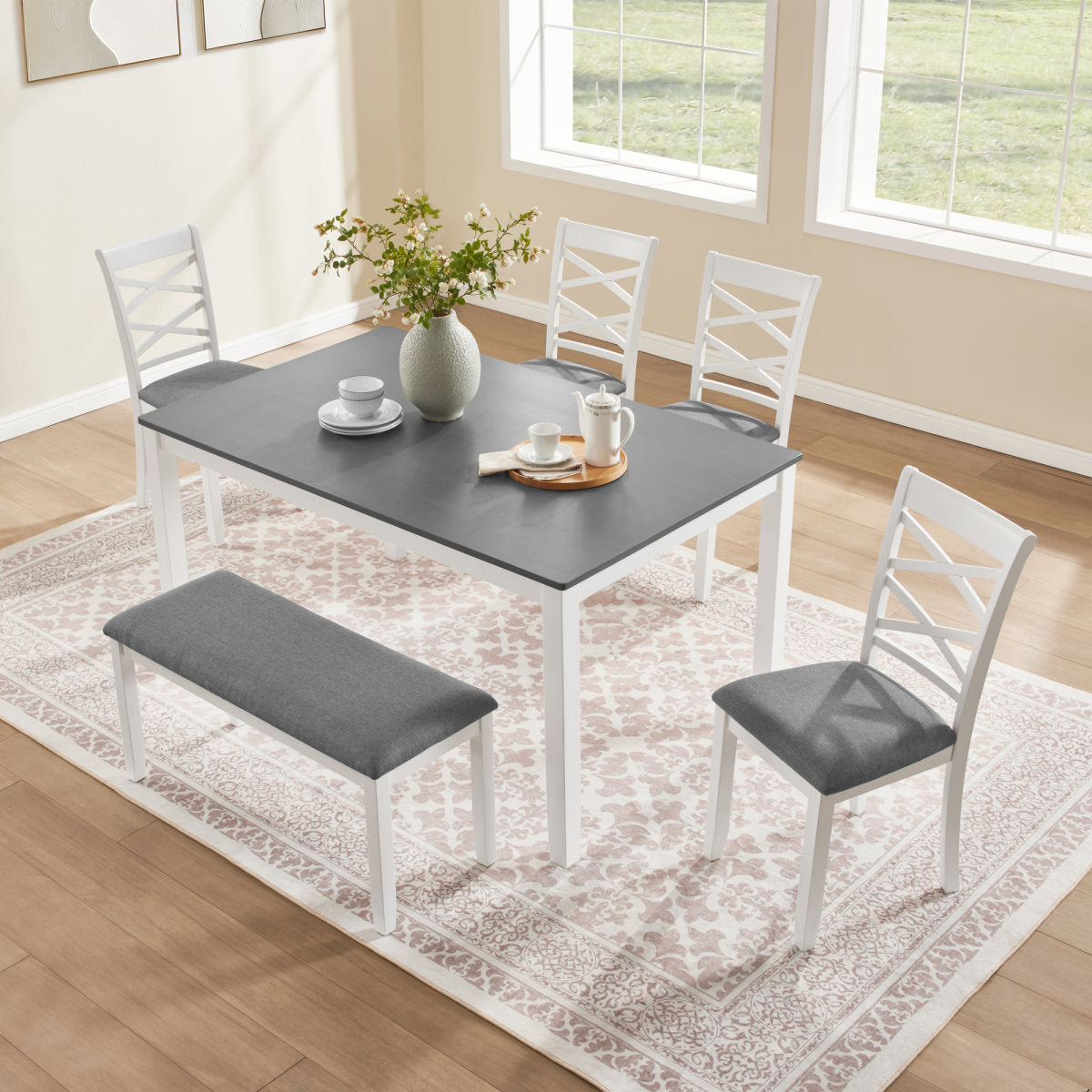 6-Piece Dining Table Set with Bench, Wood Dining Table Set for 6, Modern 6-Person Dining Table Set for Dining room, Kitchen, Grey & White two tone