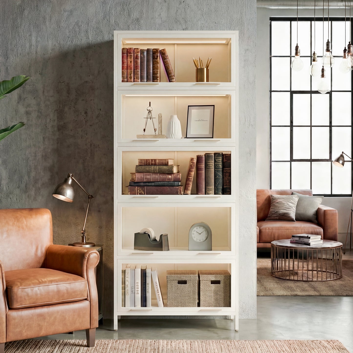 76.75  Tall Iron Display Cabinet With Glass Doors, 5-Tier Steel Barister Bookcase With LED Lights For Collectibles, Modern Style Curio Cabinet For Home Living Room Office Study & Playroom - White