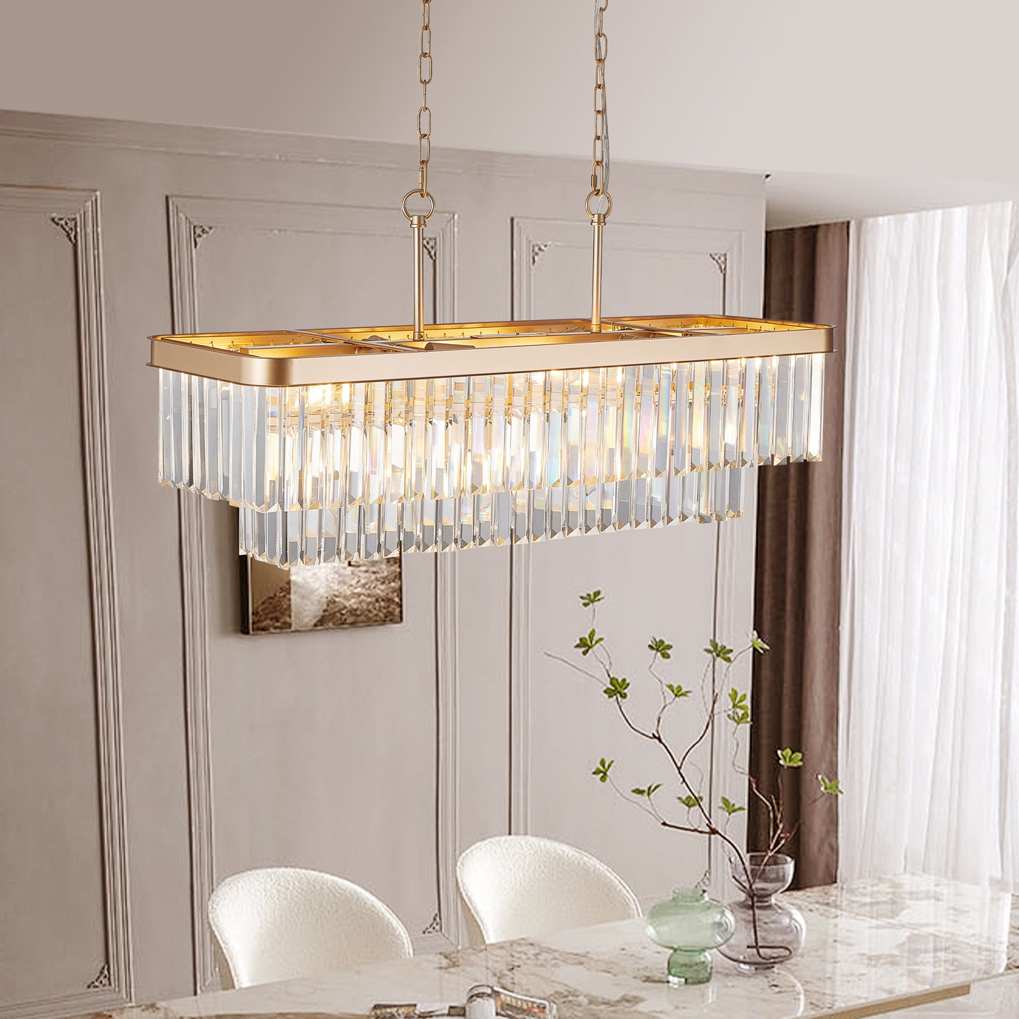 Chandeliers,Rectangular Crystal Chandelier Adjustable,E12 Modern Industrial Crystal Lights,Farmhouse Iron Ceiling Hanging Light For Kitchen Living Room Bedroom GoldBulb Not Included