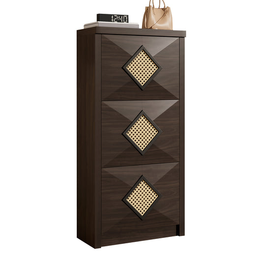 Vintage Shoe Cabinet With Rattan Decor, 3 Folding Compartments, Retro Shoe Rack Made Of Wood Look Dark Brown, Space-saving Shoe Cabinet 54x25x115 Cm, Hallway Furniture In Modern Country House Style