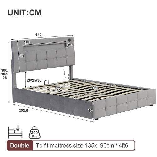 4ft6 Double Upholstered Bed Frame With Hydraulic Storage, Velvet Ottoman Bed With LED Lighting And Charging Station, Double Bed With Adjustable Button Tufted Headboard, Beige