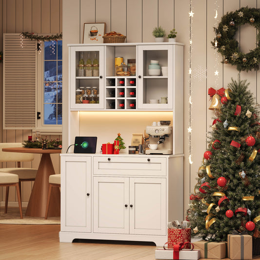 Kitchen Cabinet, Tall Cabinet, Storage Cabinet, Display Cabinet With Door, Integrated Spice Rack, Adjustable Shelves, With Color-changing LED Lighting And Socket, 180 X105 X 40 Cm