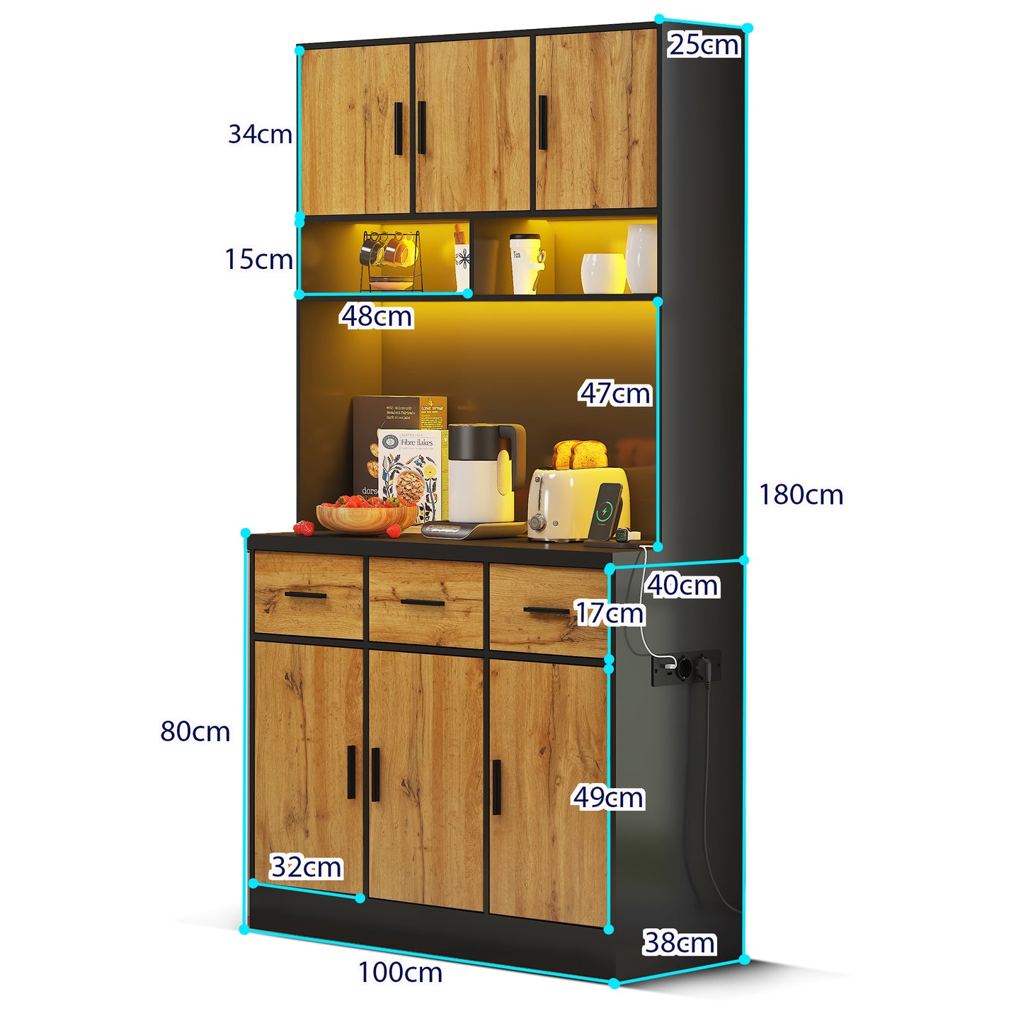 100x40x180cm, Kitchen Tall Cabinet, Pantry, Buffet Cupboard With LED App Controlled, Drawers, Adjustable Shelves, And Charging Station,  For Kitchens And Dining Rooms