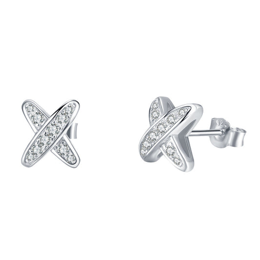 S925 Sterling Silver X-Shape Stud Earrings, D-VVS1 Moissanite Pave, Platinum Plated 1.5g Women's Jewelry Gift Box