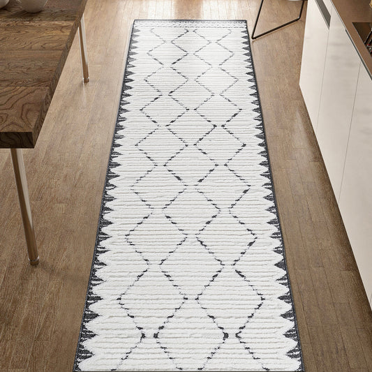 Step  High-Low Trellis Cream Anthracite Indoor Runner Rug, 2'2''x8', Modern, Contemporary, Geometric, Bohemian, Bedroom, Kitchen, Living Room, Hallway, Non Shedding Carpet