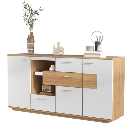 Modern Sideboard Cabinet With Plenty Of Storage Space, With LED Lighting, 160x40x77cm, 2 Doors, 4 Drawers, Glass Shelf, Wood Look, White, Living Room Furniture, Organizer, Chest Of Drawers, Multi-purp