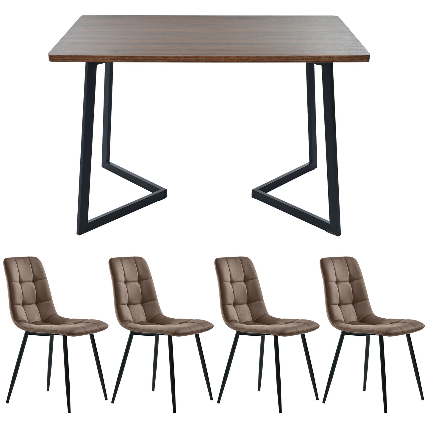 5-piece Dining Set With Table And 4 Chairs, Modern Kitchen Table Set, Wood Grain Kitchen Table With Black Metal Legs, MDF Tabletop In Walnut Color, Brown Velvet Dining Chairs
