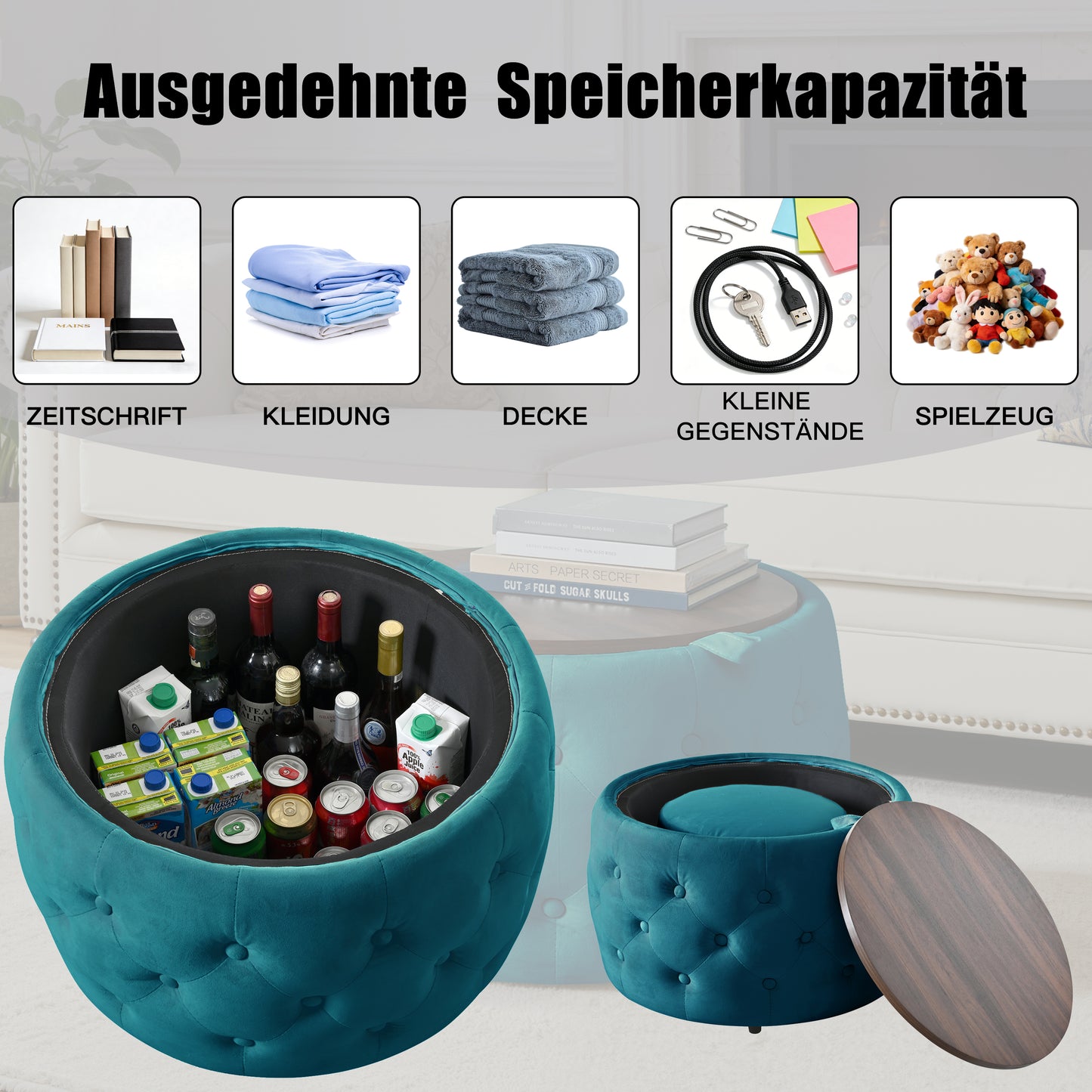 Luxury Set Of 2 Velvet Nesting Stools, 4-in-1 Function, Round Storage Footstool With Wooden Shelf, No Setup Required, Blue  58cm X 58cm X 38cm