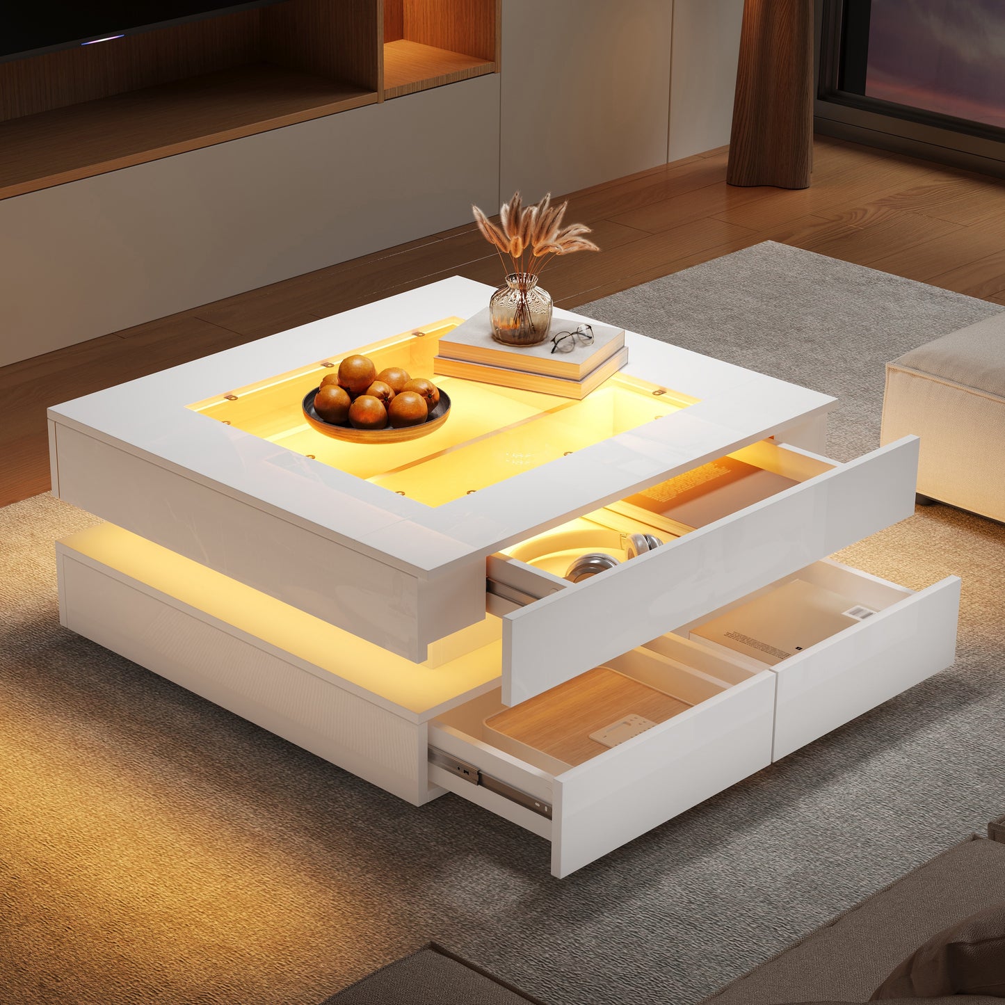 Highgloss Coffee Table With 3 Drawers, LED Lights, Square Centre Table With Glass Tabletop, Sofa Side Table , Tea Table For Living Room, Office, 70x70x35cm, White