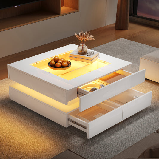 Highgloss Coffee Table With 3 Drawers, LED Lights, Square Centre Table With Glass Tabletop, Sofa Side Table , Tea Table For Living Room, Office, 70x70x35cm, White