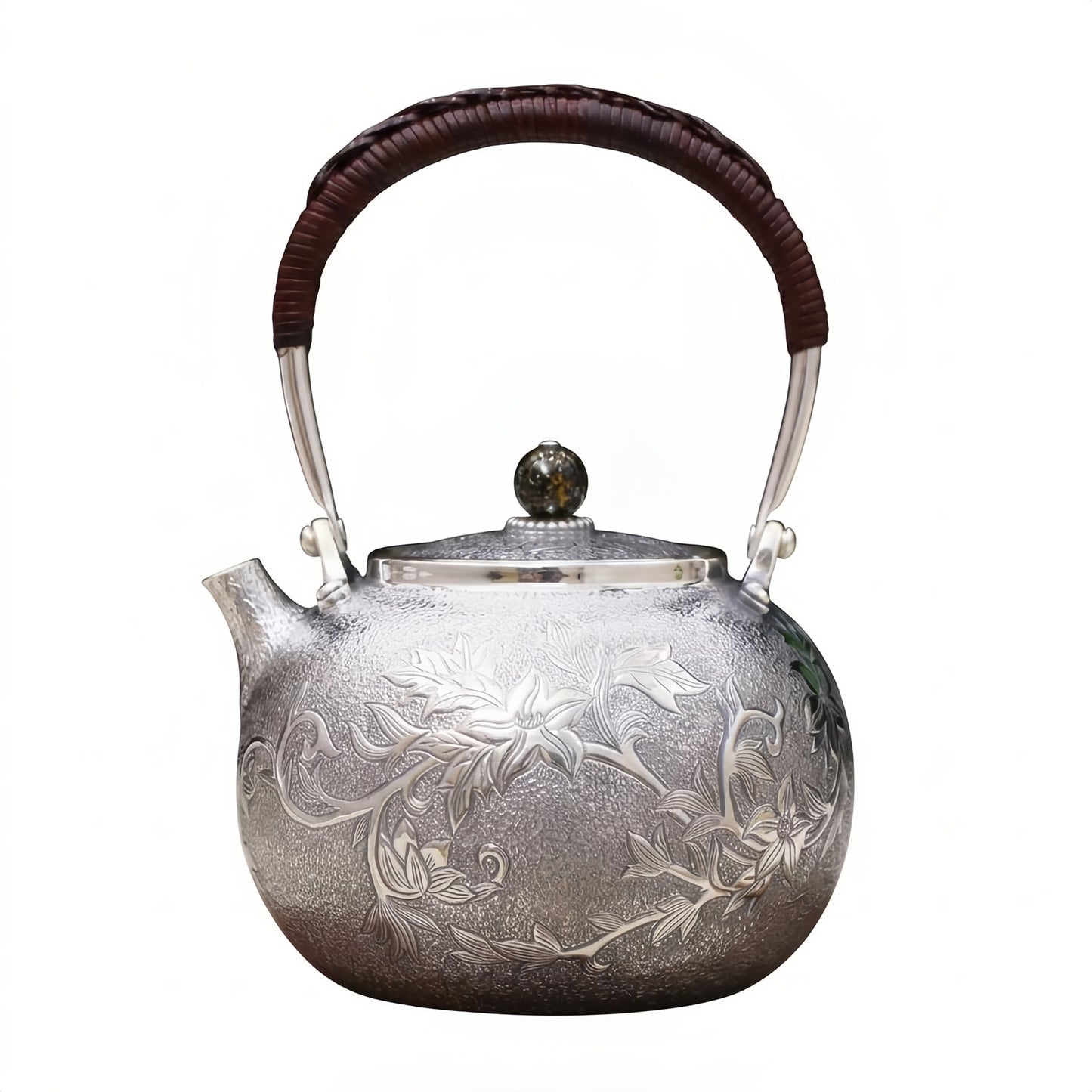 925 Sterling Silver Elegant Handcrafted  Tea Kettle with Floral Engraving and Wooden Handle-Fine Teapot with Handle - Handicraft