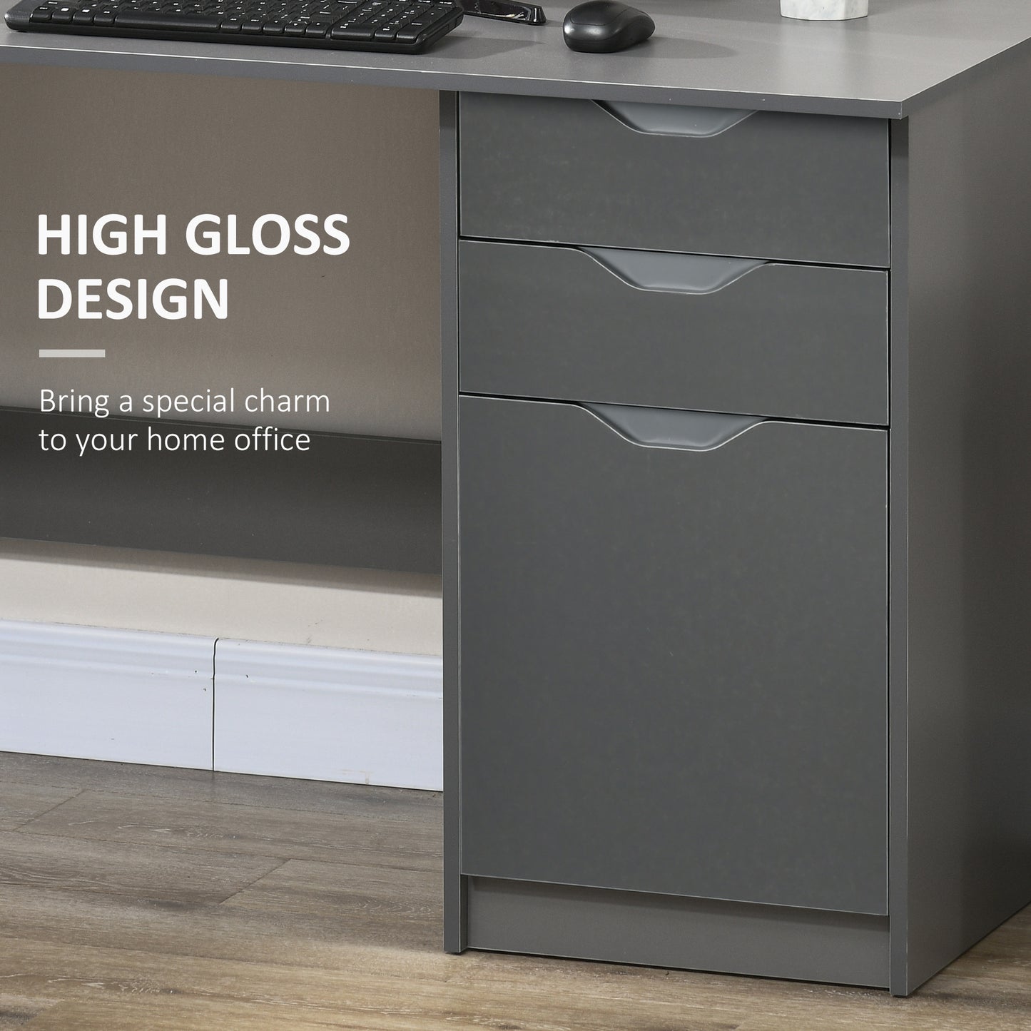 Computer Desk With Drawers, High Gloss Home Office Desk With Storage Cabinet, Study Workstation, 120 X 60cm, Grey