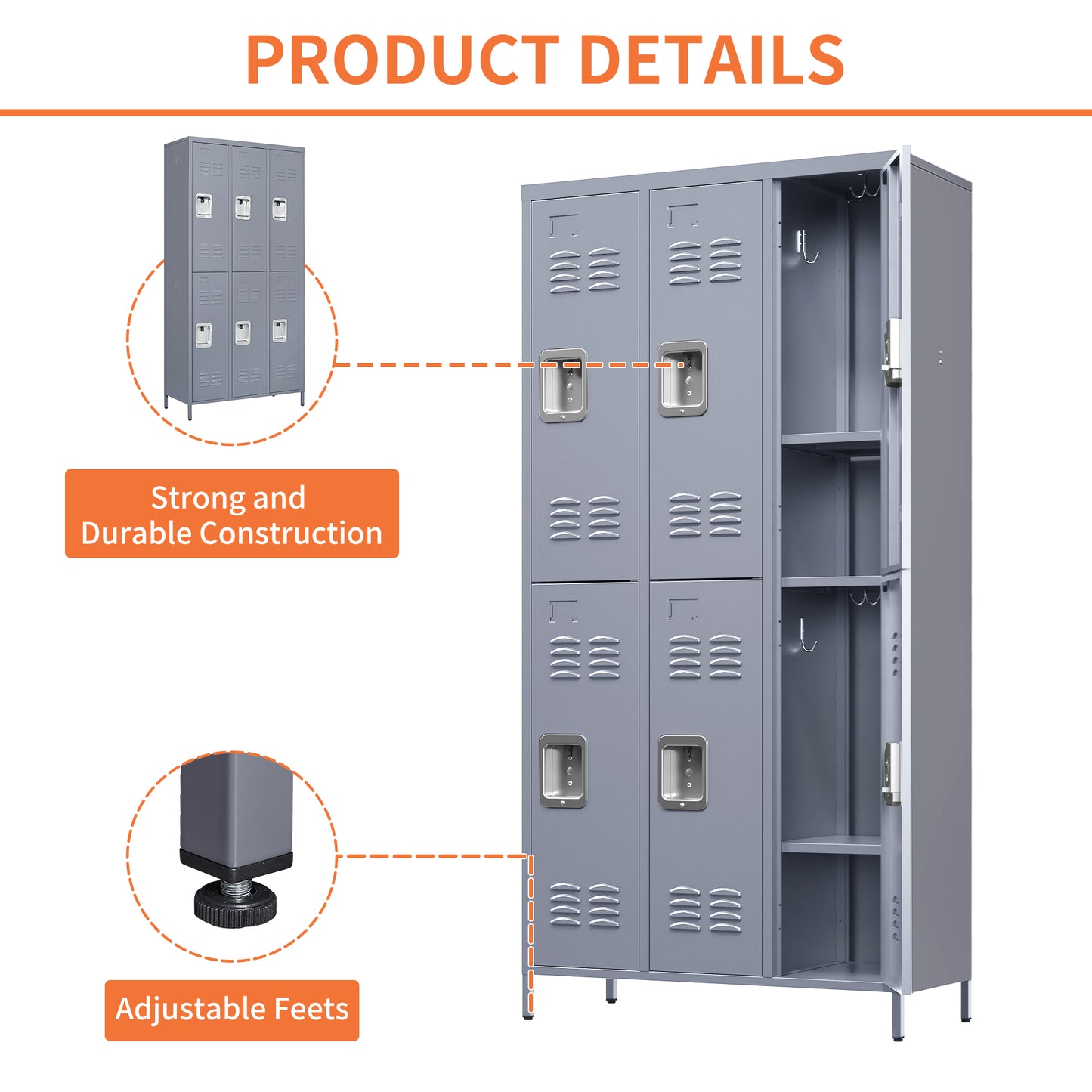6 Door 72 H Metal Lockers With Lock For Employees,Storage Locker Cabinet  For Home Gym Office School Garage,Gray