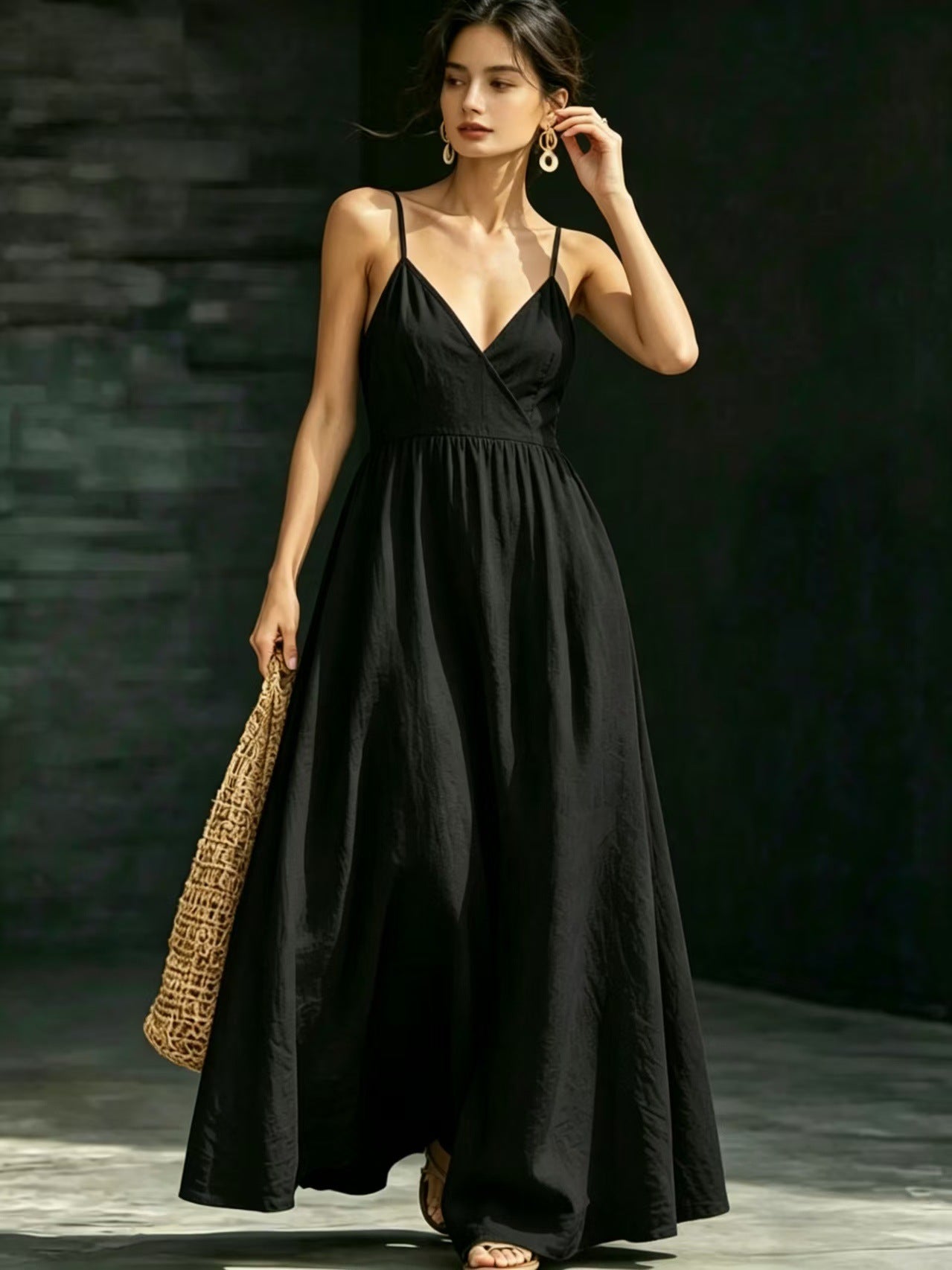 Summer V-Neck Spaghetti Strap Maxi Dress With Pockets - Elegant Vacation & Office Wear For Women