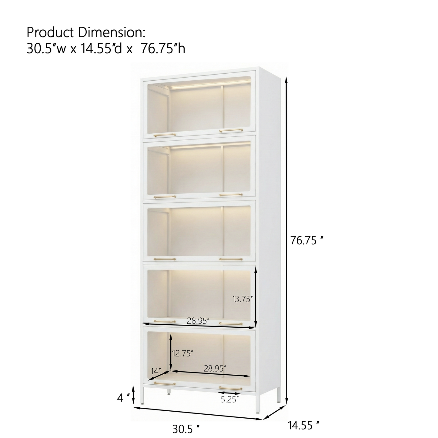 76.75  Tall Iron Display Cabinet With Glass Doors, 5-Tier Steel Barister Bookcase With LED Lights For Collectibles, Modern Style Curio Cabinet For Home Living Room Office Study & Playroom - White