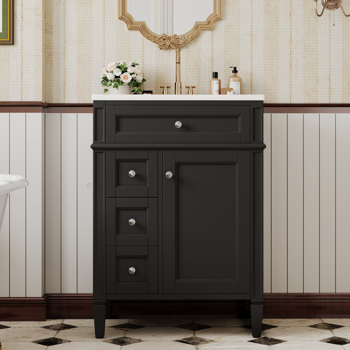 24'' Bathroom Vanity with Top Sink, Modern Bathroom Storage Cabinet with 2 Drawers and a Tip-out Drawer, Single Sink Bathroom Vanity