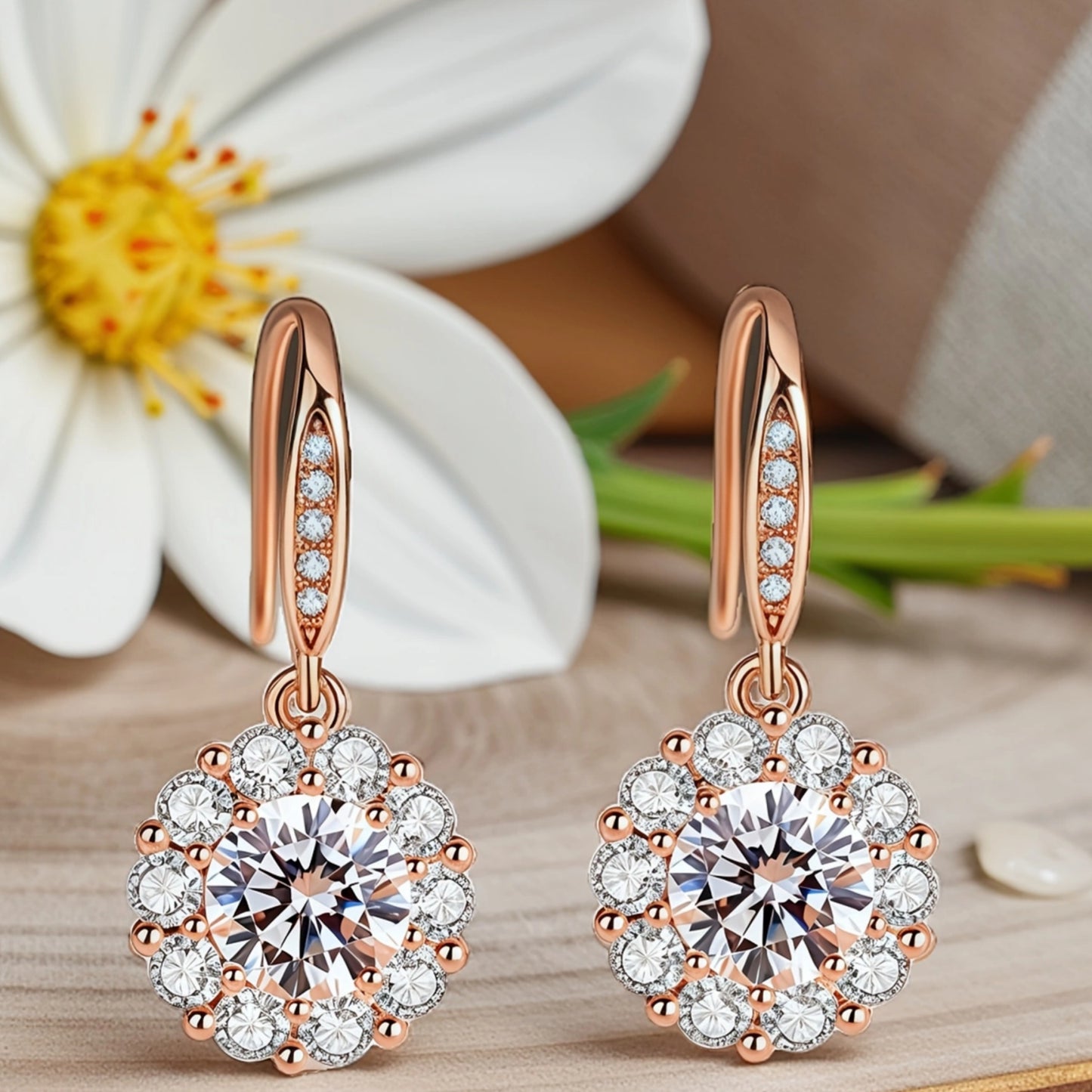 Sunburst Double Halo Round Clear CZ Leverback Dangle Drop Earrings For Women, Copper Rose Gold Plated Bridal Wedding Anniversary Fine Jewelry Gift