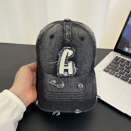 Monochrome Individuality Frayed Letter Embroidery Washed-out Vintage Trend Fashion Holey Brim Baseball Cap Street Travel