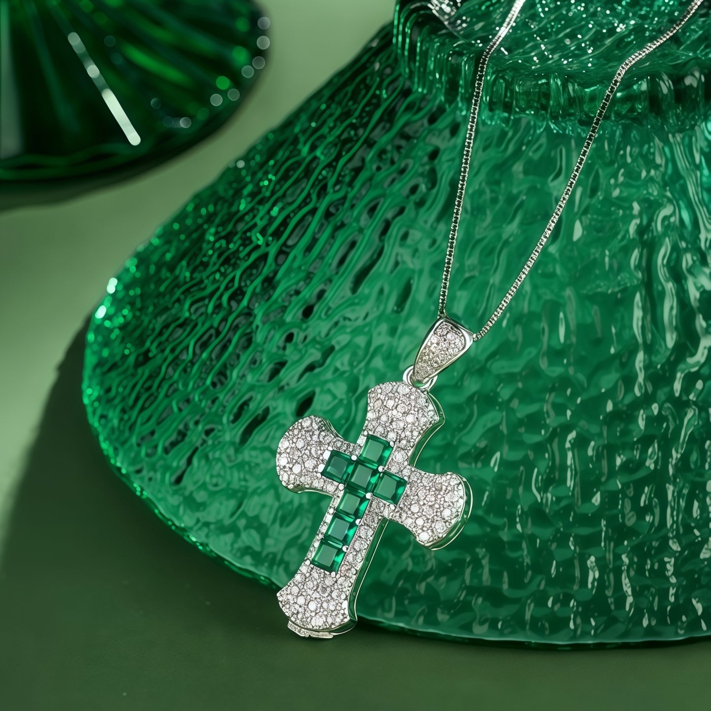 Princess Cut Emerald Green CZ Center Cross Pendant Necklace For Women, Copper Plated Silver Full Pave White Cubic Zirconia Religious Faith Christian Jewelry Gift